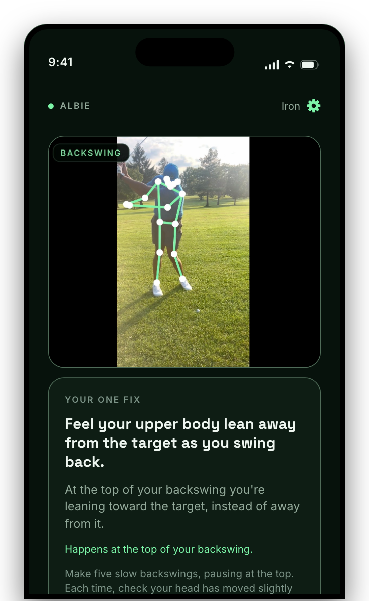 Albie showing a filmed swing with the pose overlay tracking the body, and one fix underneath it: feel your upper body lean away from the target as you swing back.